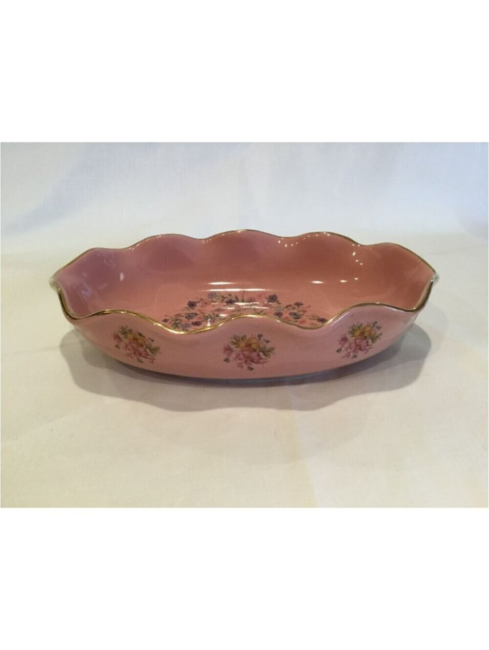 Vintage Abingdon Pink Tiaraware 24K Gold Oval Bowl with Flower pattern
